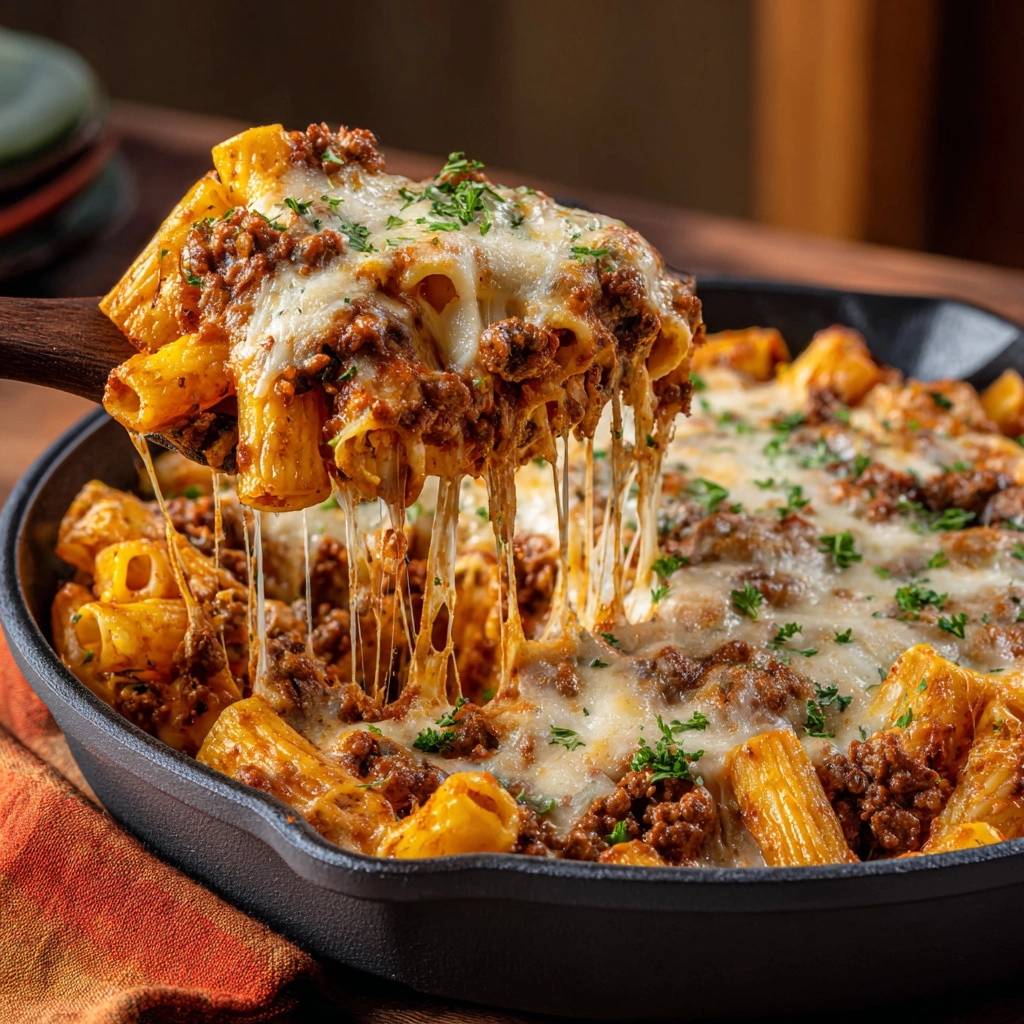 Käseüberbackener Rigatoni mit Hackfleischsoße, wie der geschmolzene Käse von einem Holzlöffel zieht.
