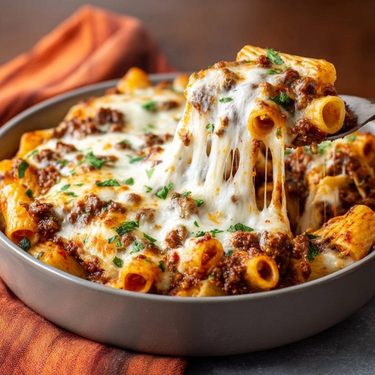 Käsig überbackene Rigatoni mit Hacksoße, eine Portion wird mit geschmolzenem Käse von der Gabel gehoben.