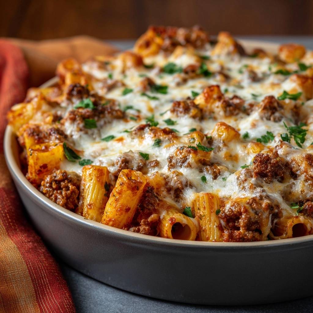 Käsig überbackene Rigatoni mit Hacksoße, eine Nahaufnahme des dampfenden Auflaufs mit geschmolzenem Käse und Petersilie.