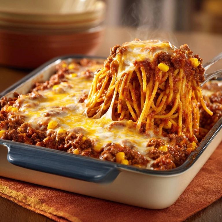 Käseiger Spaghetti-Hack-Auflauf mit Mais, eine heiße Portion mit geschmolzenem Käse, die aus der Auflaufform gehoben wird.