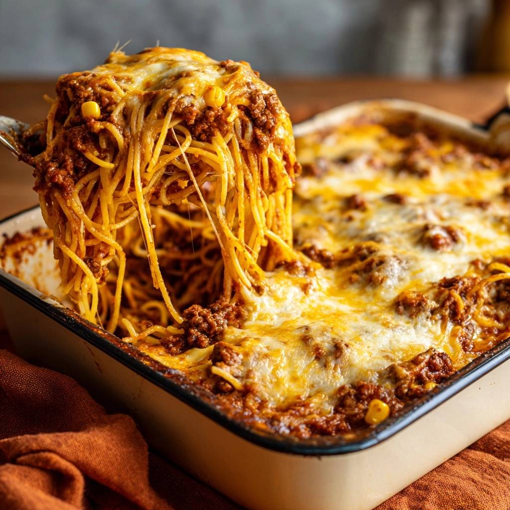 Käsiges Spaghetti-Hack-Auflauf mit Mais, serviert auf einem Löffel mit geschmolzenem Käse und Hackfleischsauce.