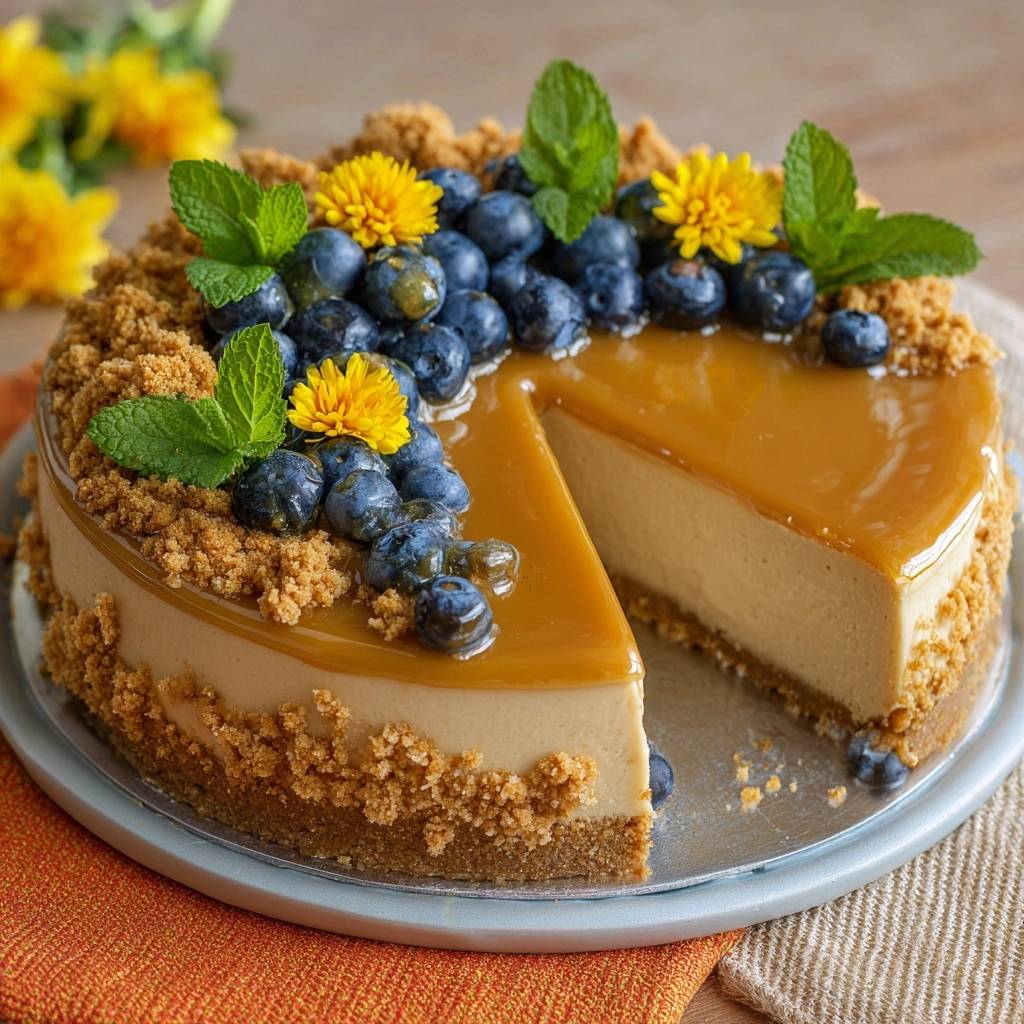 Karamell-Spiegel-Cheesecake mit Heidelbeeren angeschnitten, mit frischen Beeren und Minze garniert und einem Spiegel aus Karamell.