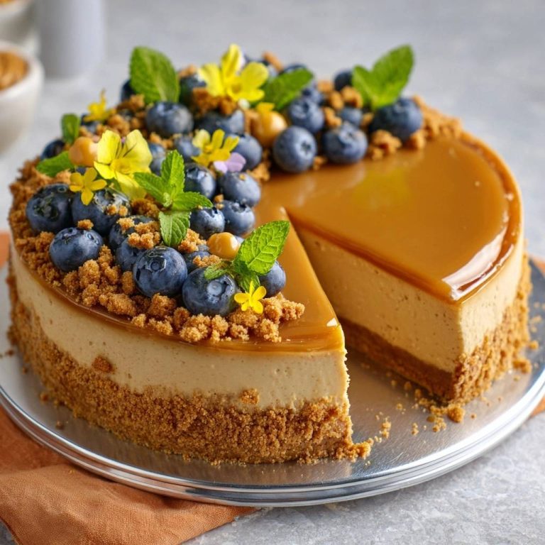 Karamell-Spiegel-Cheesecake mit Heidelbeeren angeschnitten mit einem Stück herausgenommen, das den cremigen Innenraum zeigt.