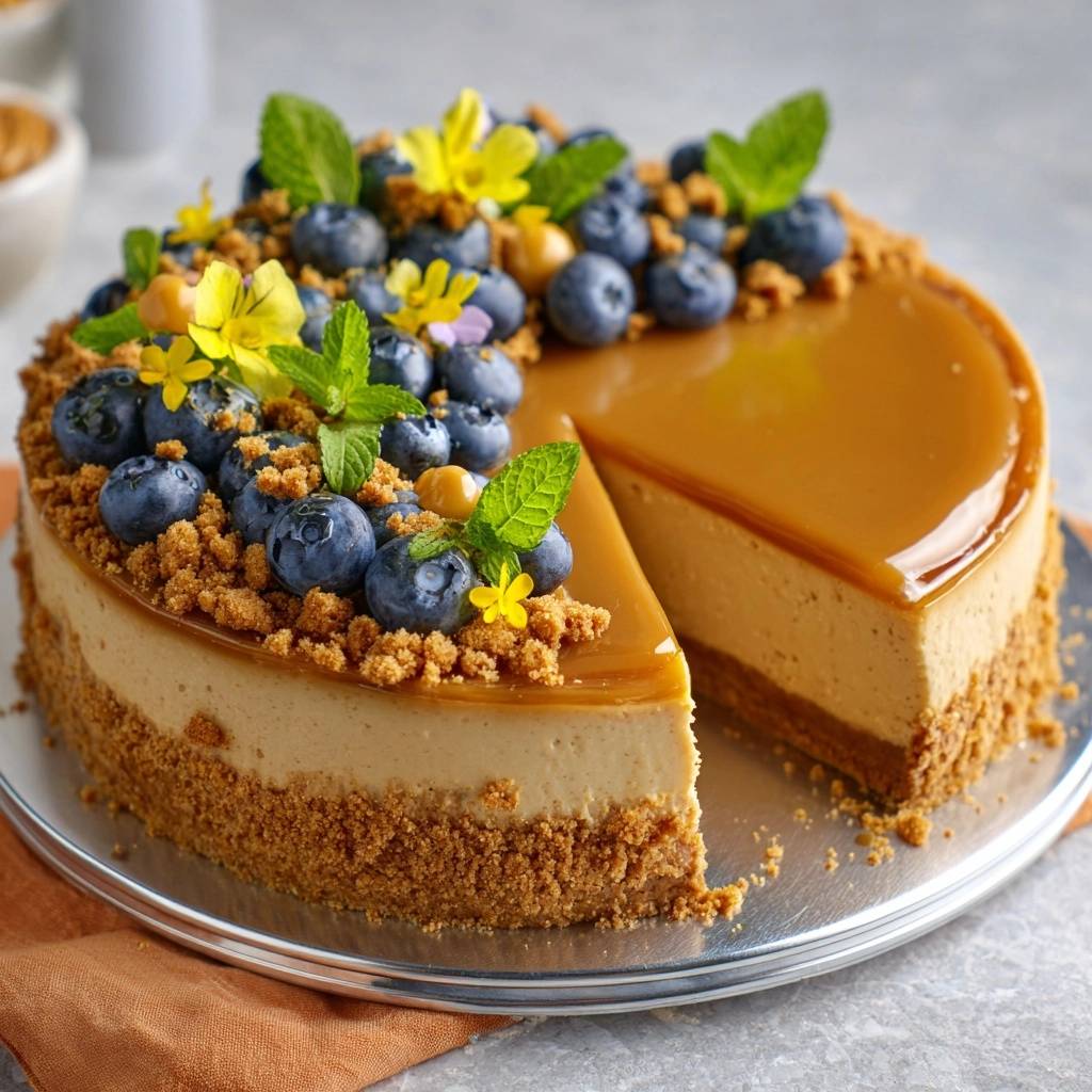 Karamell-Spiegel-Cheesecake mit Heidelbeeren angeschnitten mit einem Stück herausgenommen, das den cremigen Innenraum zeigt.