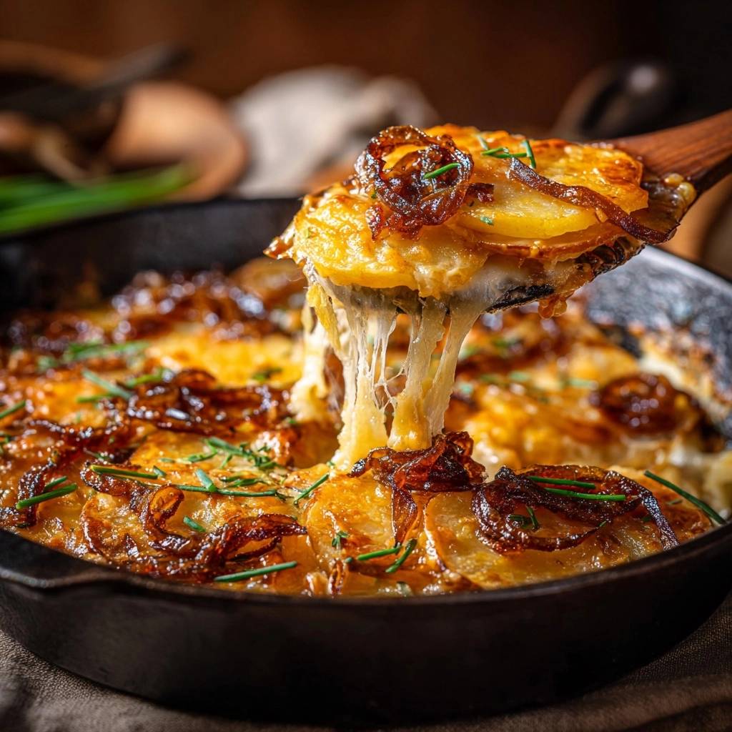 Zugiges Kartoffel-Zwiebel-Gratin mit geschmolzenem Käse, der Fäden zieht, auf einem Holzlöffel serviert.