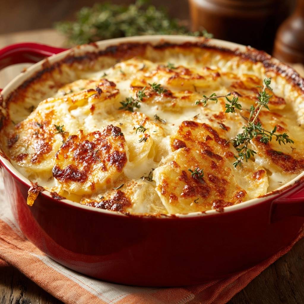 Perfektes Kartoffelgratin mit frischen Kräutern garniert, eine Nahaufnahme aus dem Ofen.