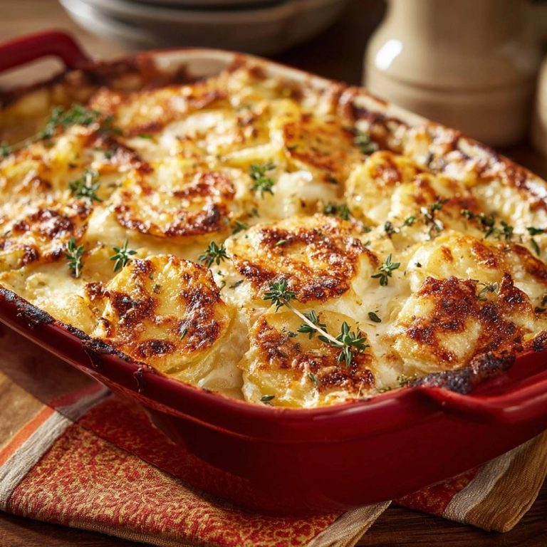 Perfektes Kartoffelgratin nahaufnahme mit frischen Kräutern garniert, goldbraun gebackene Kartoffelscheiben in roter Auflaufform.