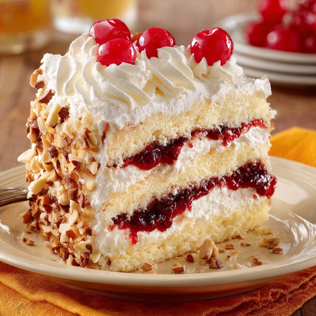 Kirsch-Sahne-Torte mit Mandeln als angeschnittenes Stück auf einem Teller mit Kirschen und Sahnehaube