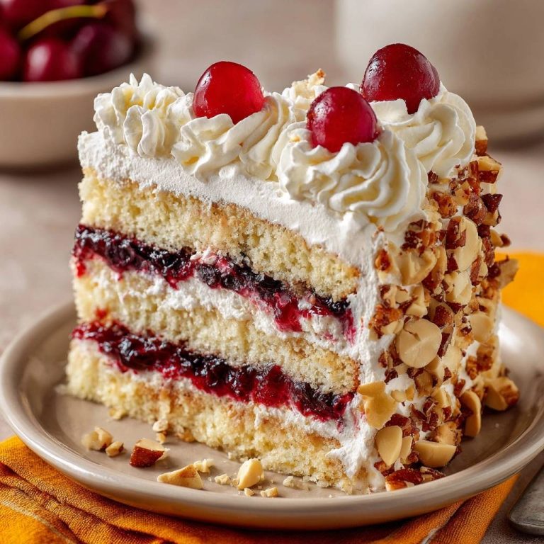 Kirsch-Sahne-Torte mit Mandeln, eine angeschnittene Portion mit Kirschfüllung und Sahne auf einem Teller