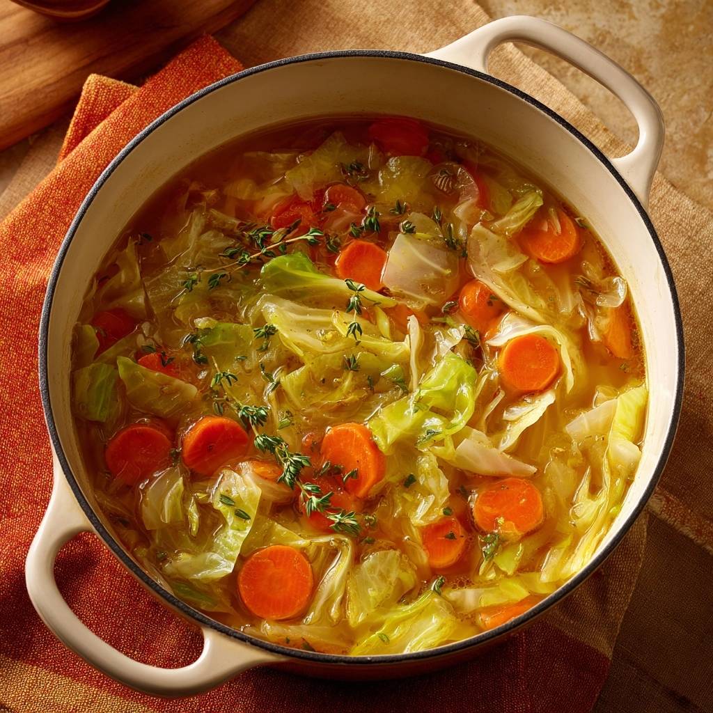 Knackige Kraut-Karotten-Suppe in einem Topf mit Karottenscheiben und Kohlstücken, garniert mit frischen Kräutern.