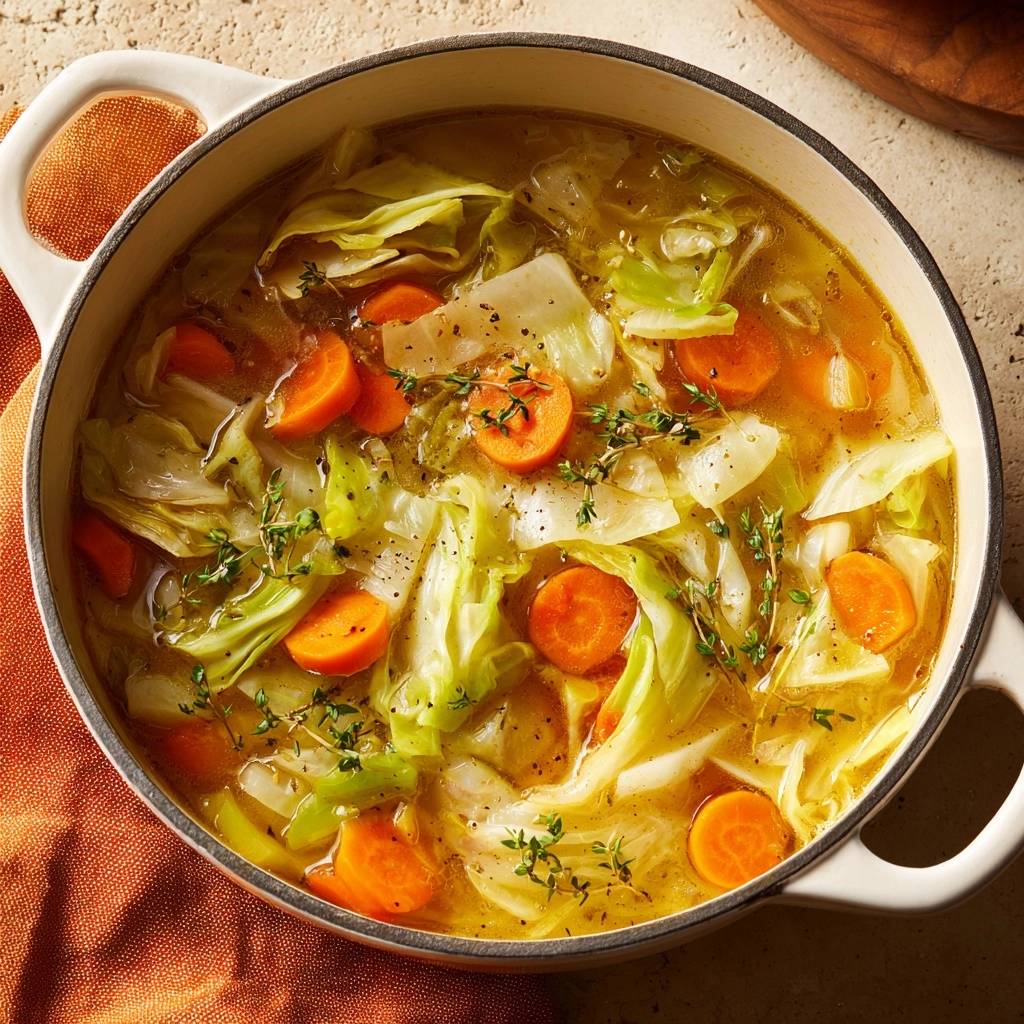 Knackige Kraut-Karotten-Suppe in einem weißen Topf, garniert mit frischen Kräutern und Pfeffer.