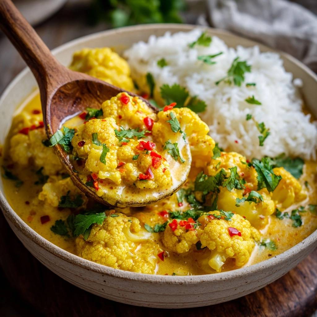 Knackiger Blumenkohl-Gelbcurry wird mit einem Holzlöffel aus einer Schüssel voller Curry und Reis herausgehoben.