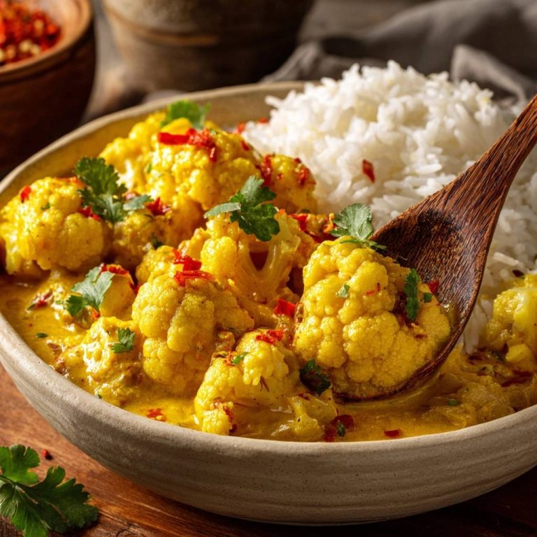 Knackiger Blumenkohl-Gelbcurry mit Reis, serviert mit einem Holzlöffel, der eine Portion zeigt.