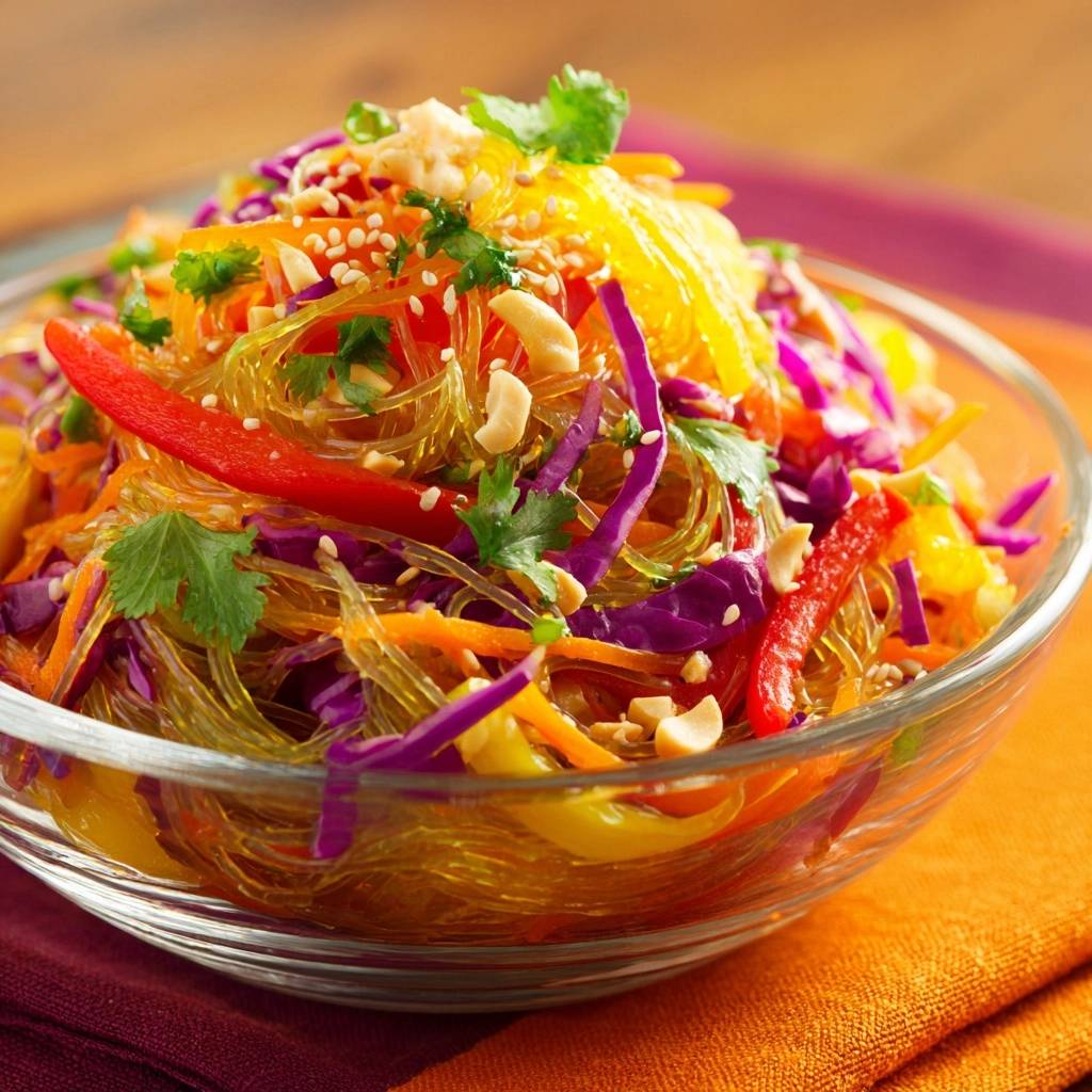 Knackiger Glasnudelsalat mit buntem Gemüse, garniert mit Erdnüssen und Sesam in einer Glasschüssel.