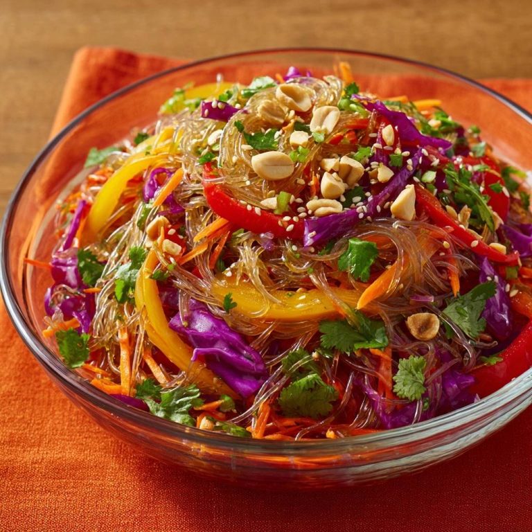 Knackiger Glasnudelsalat mit buntem Gemüse, garniert mit Erdnüssen und Sesam, in einer Glasschüssel serviert.