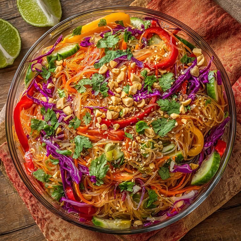 Knackiger Glasnudelsalat mit Paprika und Erdnüssen, eine Schüssel mit dem fertigen Salat von oben gesehen mit frischen Zutaten.