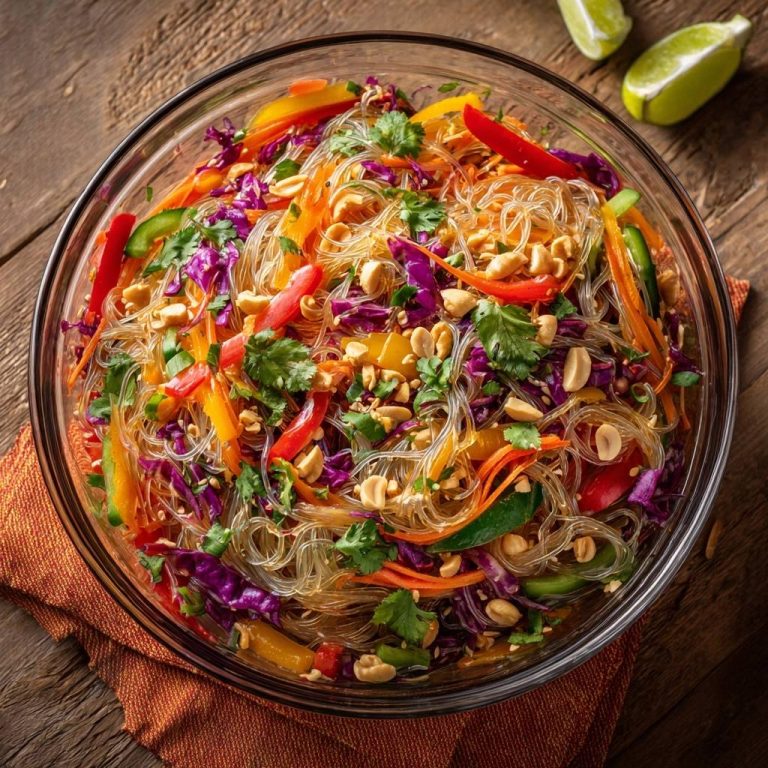 Knackiger Glasnudelsalat mit Paprika & Erdnüssen, serviert in einer Glasschüssel von oben fotografiert.
