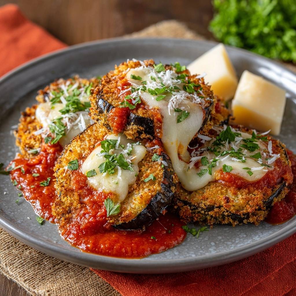 Knusprige Auberginen Parmesan, serviert auf einem Teller, mit geschmolzenem Käse und frischer Petersilie garniert.