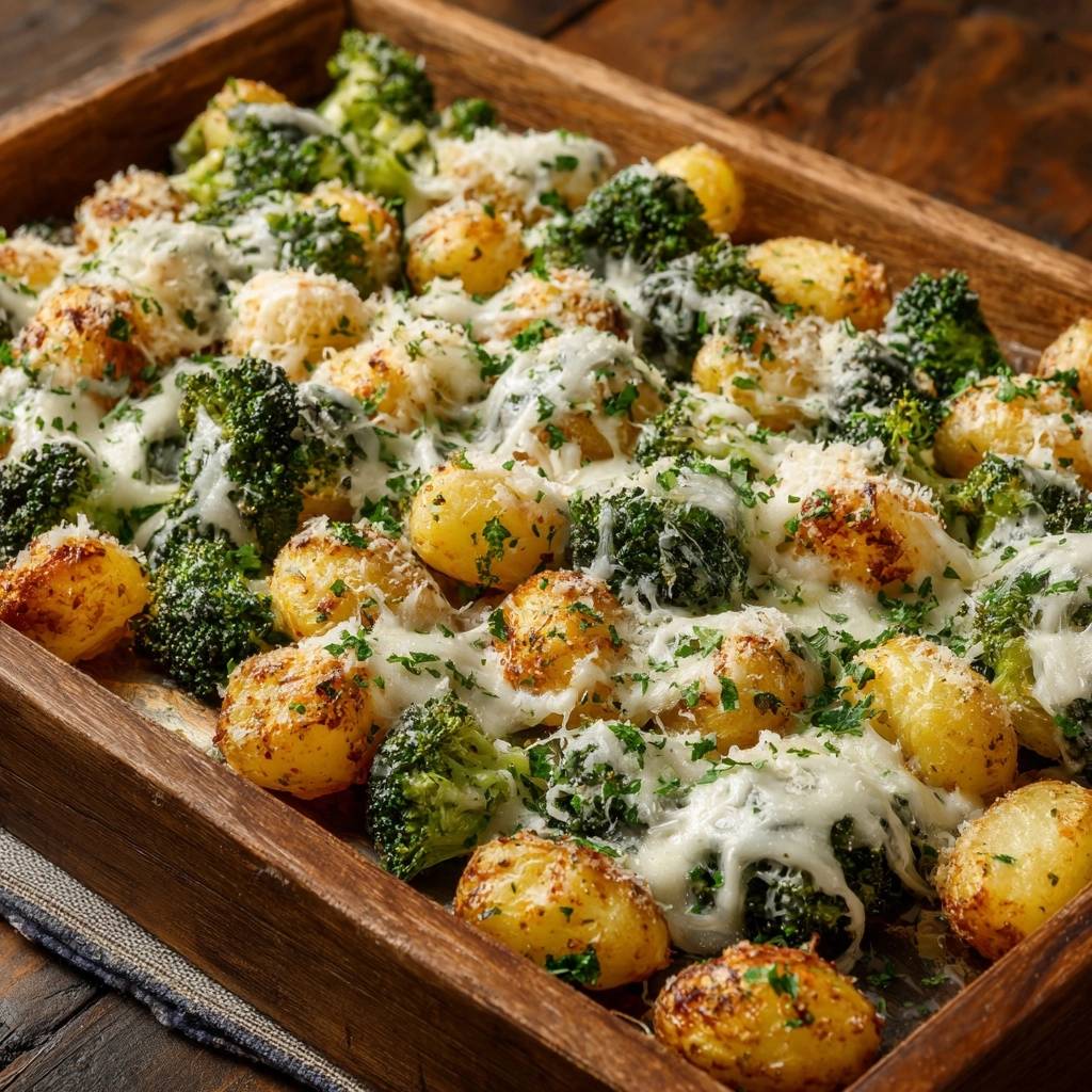 Knusprige Babykartoffeln mit Brokkoli und Parmesan, nahaufnahme des geschmolzenen Käses und des gehackten Grüns