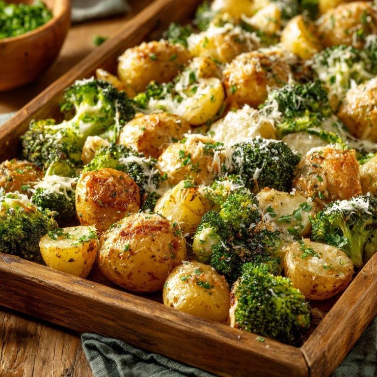 Knusprige Babykartoffeln mit Brokkoli und Parmesan, eine Nahaufnahme des gerösteten Gemüses mit geschmolzenem Käse und Kräutern.
