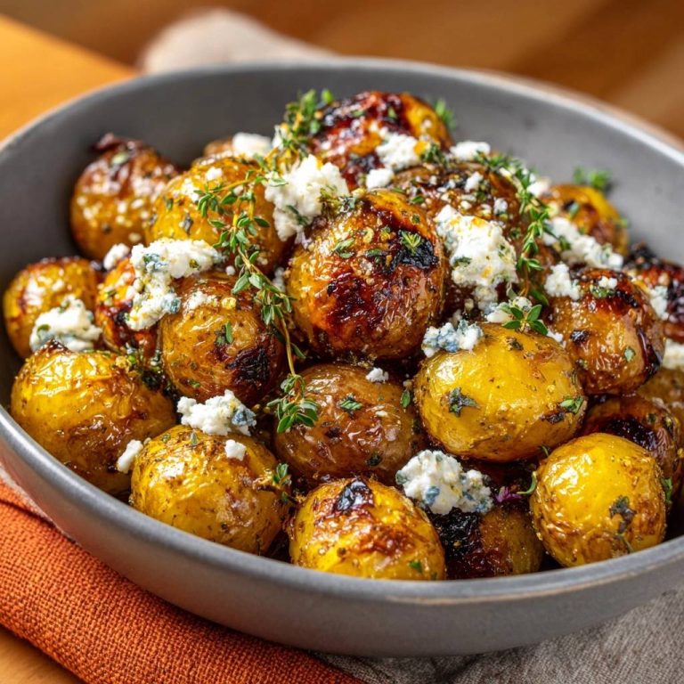 Knusprige Babykartoffeln mit Thymian und Feta, garniert mit frischen Kräutern und zerbröckeltem Käse, Nahaufnahme des Gerichts.