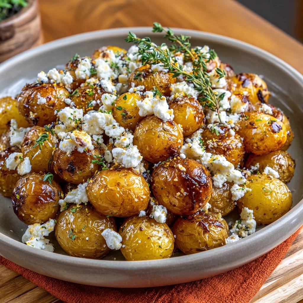 Knusprige Babykartoffeln mit Thymian und Feta, garniert mit frischem Thymian und zerbröseltem Feta-Käse.