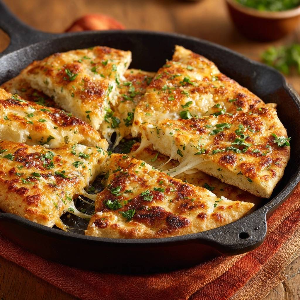 Knusprige Gusseisen-Käsepizza, angeschnitten, mit geschmolzenem Käse und frischer Petersilie garniert im Detail.