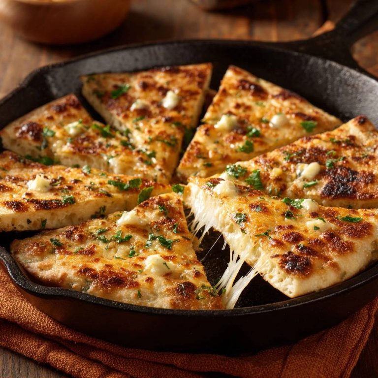Knusprige Gusseisen-Käsepizza mit geschmolzenem Käse, der von einem angeschnittenen Stück herunterhängt.