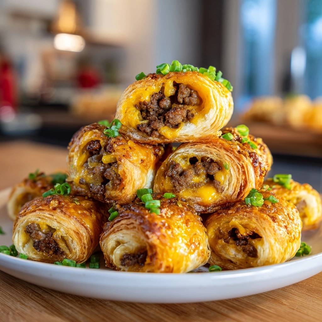 Knusprige Hack-Käse-Rollen mit geschmolzenem Käse und Hackfleisch im Querschnitt, garniert mit Frühlingszwiebeln.