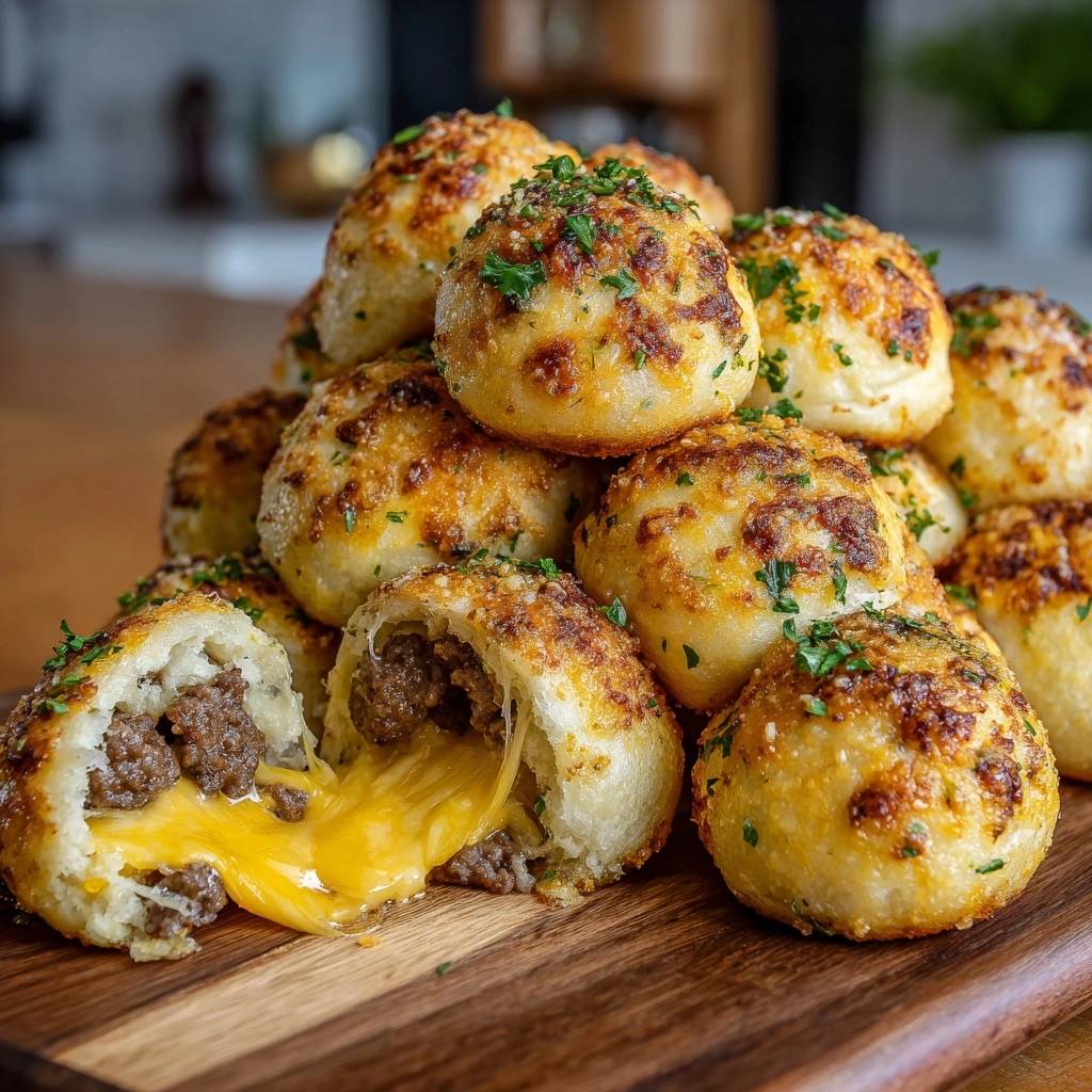 Knusprige Hackfleisch-Käse-Bombs angeschnitten, die das schmelzende Käseinnere und saftige Hackfleisch enthüllen.