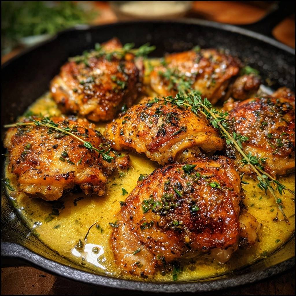 Knusprige Hähnchenschenkel in Thymian-Buttersauce, nahaufnahme in einer gusseisernen Pfanne mit frischem Thymian garniert.
