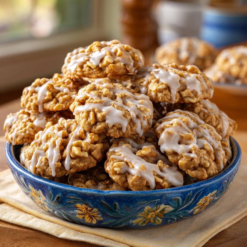 Knusprige Hafer-Walnuss-Cookies mit Vanille-Guss, detailreiche Nahaufnahme der glasierten Oberfläche und der Textur.
