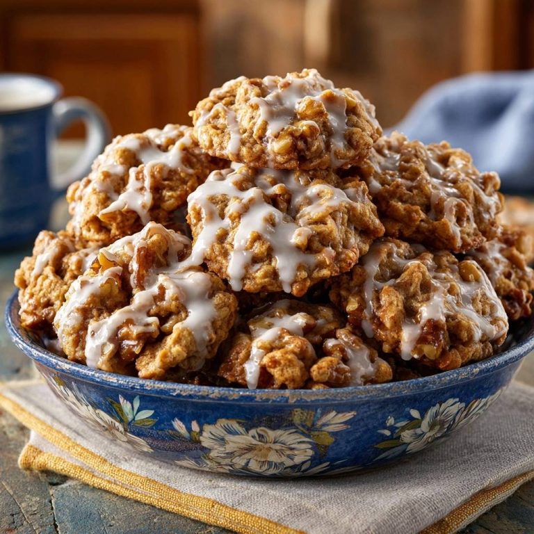 Knusprige Hafer-Walnuss-Cookies mit Vanille-Guss, detailnah in einer blau-blumigen Schüssel gestapelt