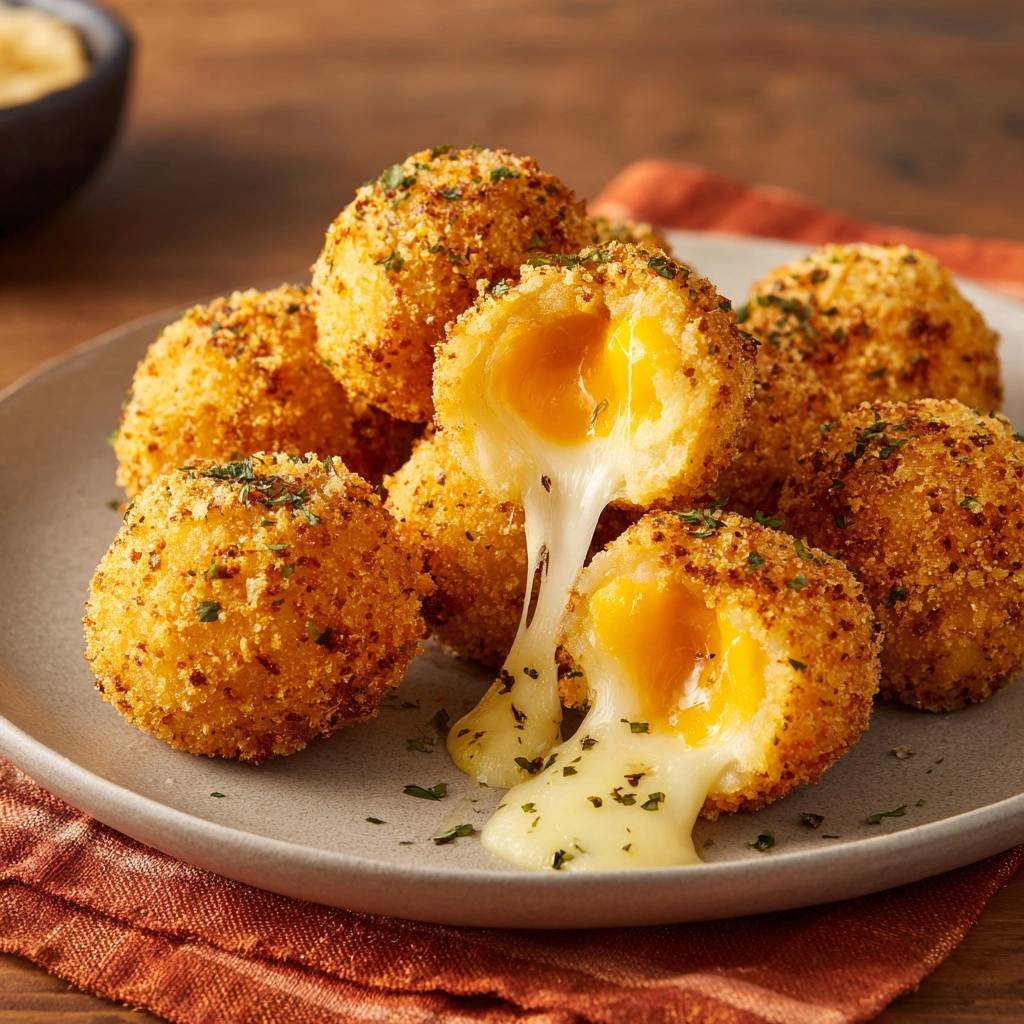 Knusprige Käsebällchen mit schmelzendem Mozzarella, angeschnitten, zeigen das goldgelbe Innere und den fließenden Käse.