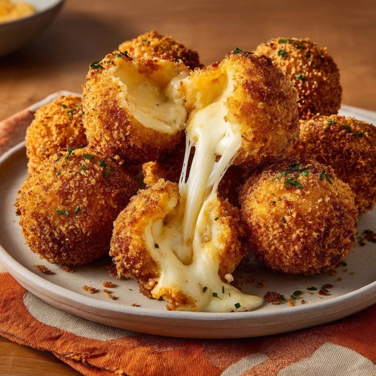 Knusprige Käsebällchen mit schmelzendem Mozzarella, eine Hälfte angeschnitten und den geschmolzenen Käse heraustropfend zeigend.