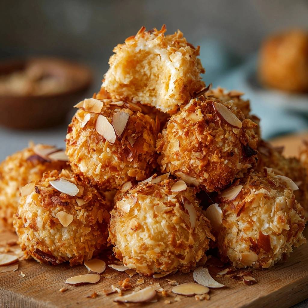 Knusprige Kokos-Bacon-Mandel-Bällchen mit einem angeschnittenen Bällchen, das das Innere zeigt und mit Mandelsplittern garniert ist.