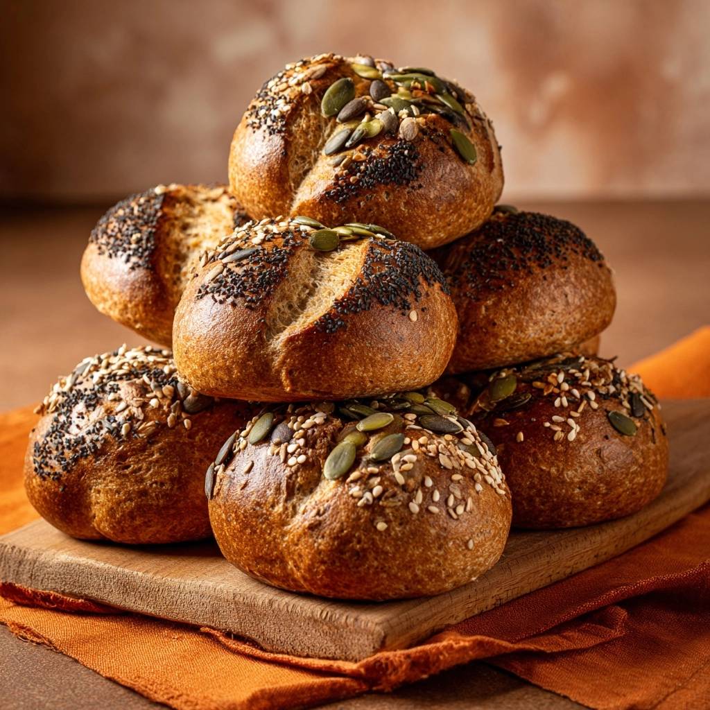 Knusprige Kürbiskernbrötchen als Stapel, bestreut mit verschiedenen Saaten und Kürbiskernen, auf einem Holzbrett.