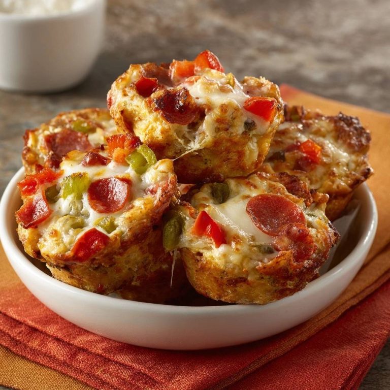 Knusprige Mini-Pizza-Muffins mit Pepperoni und Paprika, Nahaufnahme der belegten Muffins mit geschmolzenem Käse