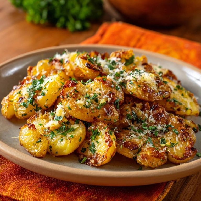 Knusprige Parmesan-Kartoffeln mit frischer Petersilie und geriebenem Käse garniert auf einem Teller serviert.