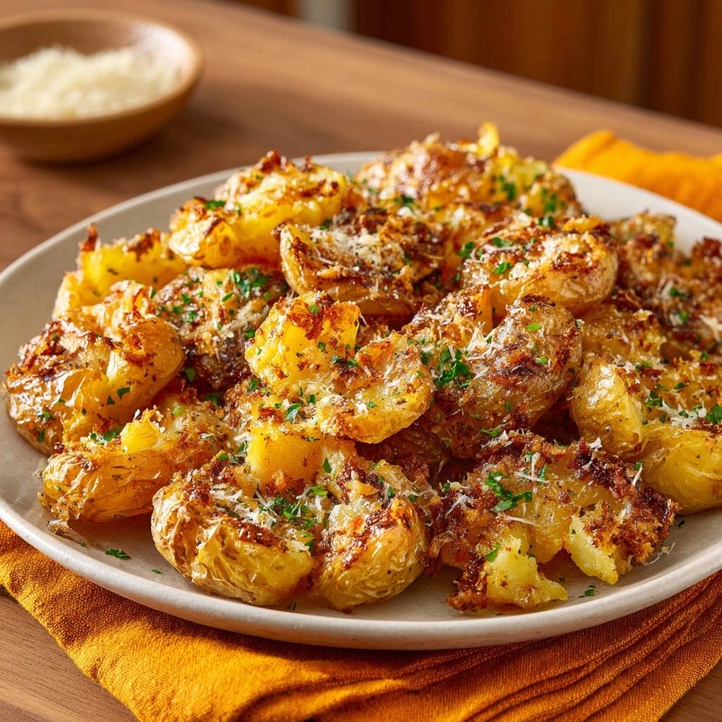 Knusprige Parmesan-Kartoffeln als Nahaufnahme auf einem Teller mit frischer Petersilie und Parmesan garniert.