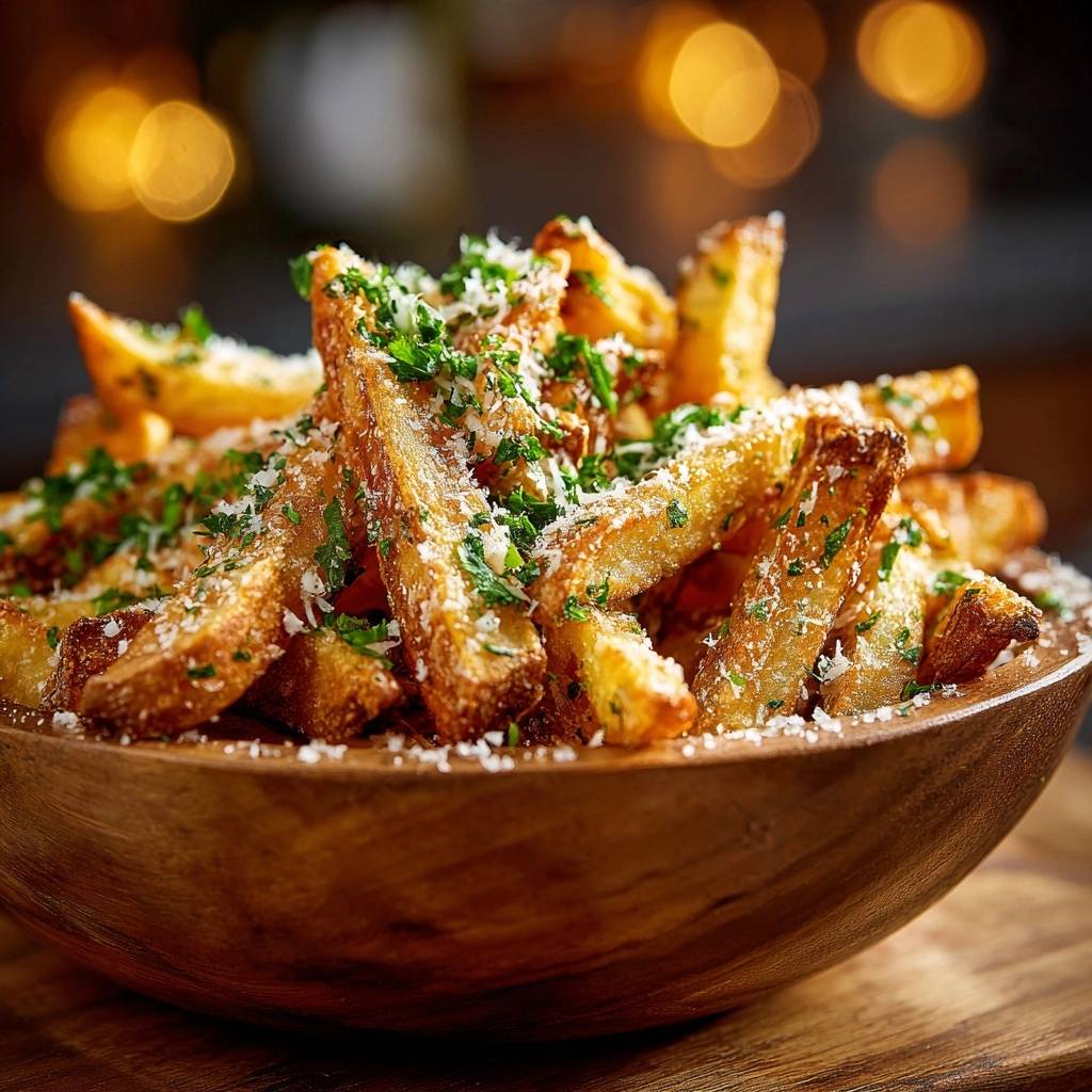 Knusprige Parmesan-Pommes, garniert mit frischer Petersilie und geriebenem Parmesan in einer Holzschale