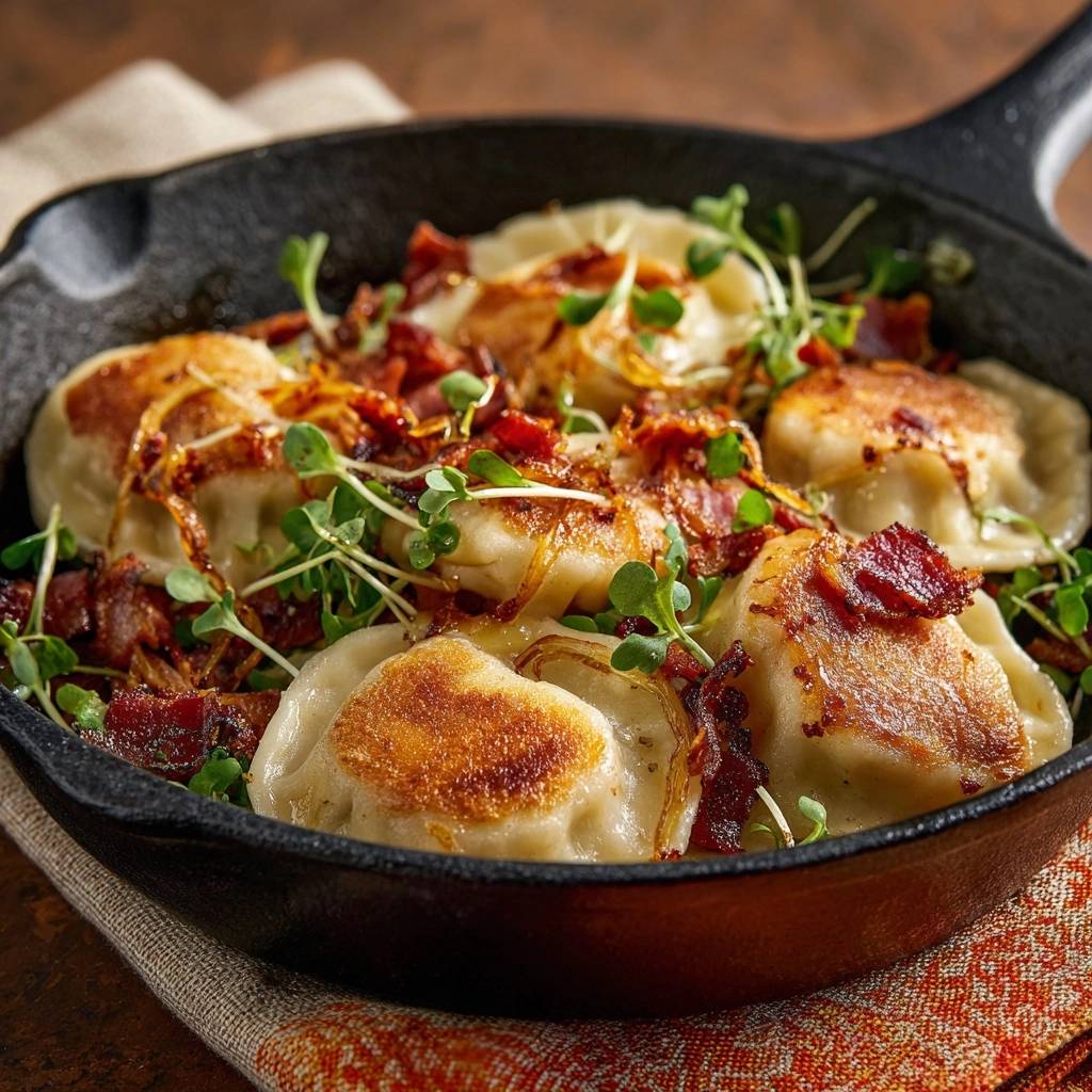 Knusprige Pfannen-Pierogi mit Speck und Zwiebeln, detailnah in einer Gusseisenpfanne mit frischen Sprossen garniert.