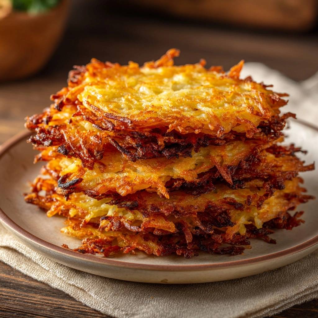 Knusprige Reibekuchen als Stapel nah aufgenommen, zeigen die goldbraune Textur und die knusprigen Ränder der Kartoffelpuffer.