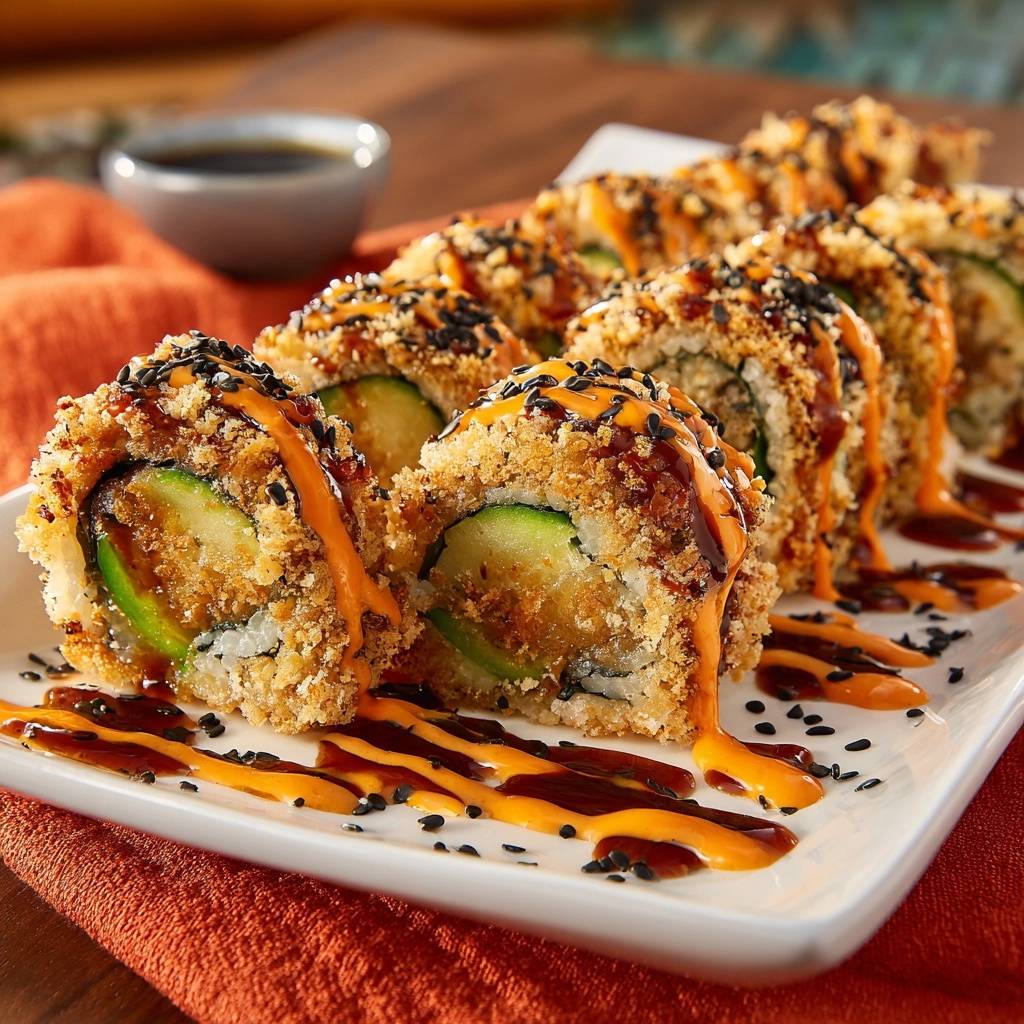 Knusprige Tempura-Avocado-Rollen angeschnitten auf einem Teller, mit Sauce und Sesam bestreut, nahaufnahme