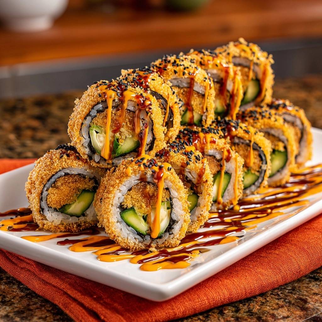 Knusprige Tempura-Avocado-Rollen, serviert auf einem Teller und mit einer Sauce und Sesam garniert.