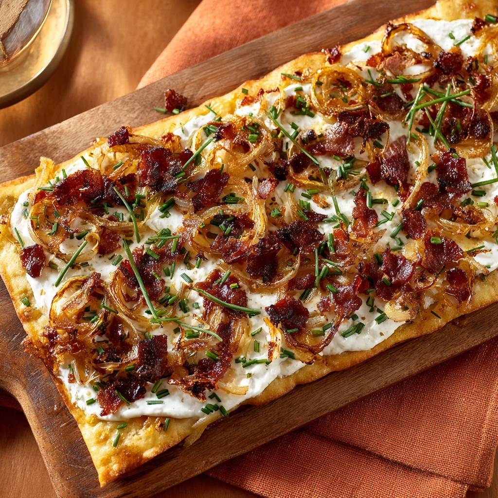 Knusprige Zwiebel-Speck-Tarte mit einer Nahaufnahme der Garnitur aus Speck und Schnittlauch.