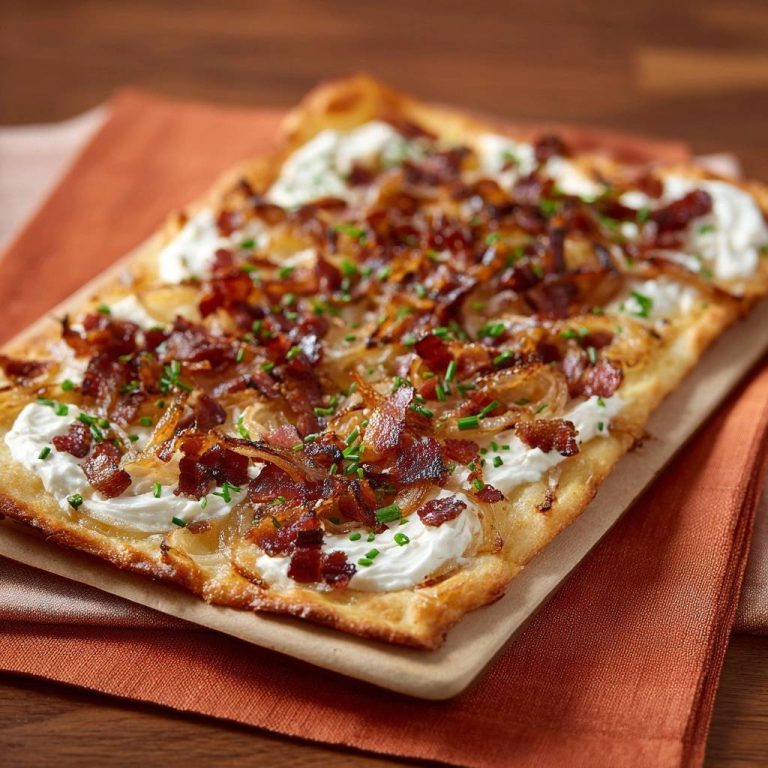 Knusprige Zwiebel-Speck-Tarte als Nahaufnahme mit frischen Kräutern garniert auf einem Holzbrett.