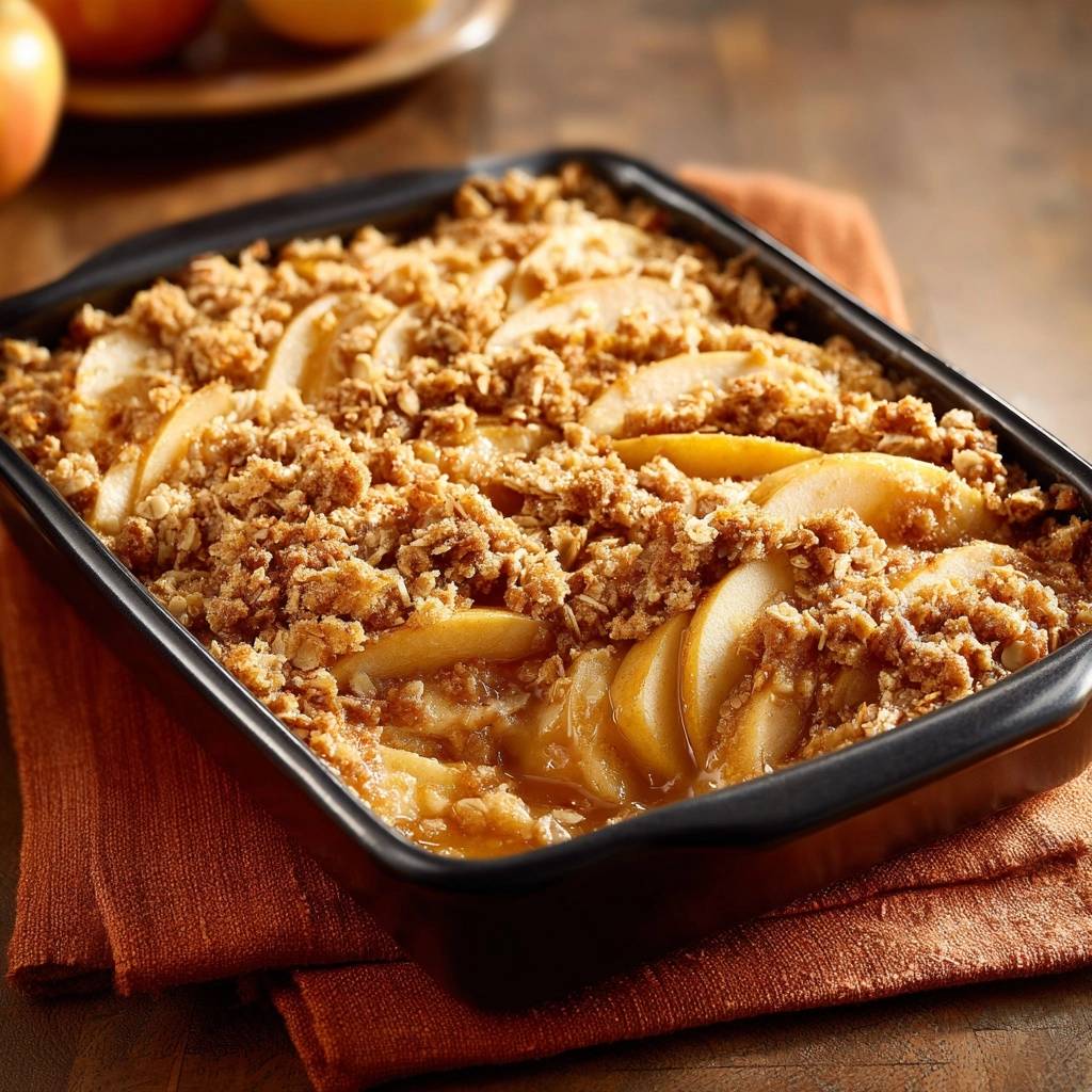 Knuspriger Apfel-Crumble mit goldbraunem, haferflockenreichem Topping, Nahaufnahme des gebackenen Desserts.