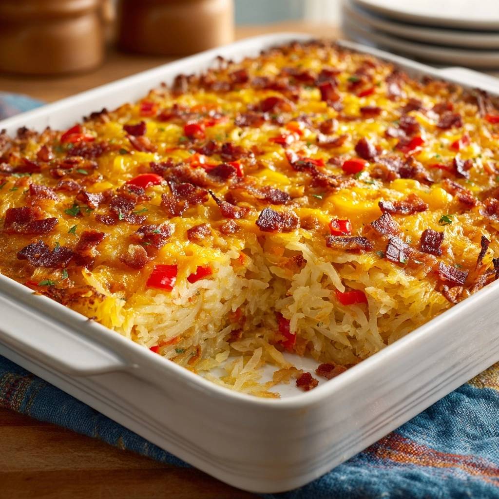 Knuspriger Bacon-Käse-Kartoffelauflauf, angeschnitten, zeigt die schichtweise Zubereitung mit Käse und Speck.