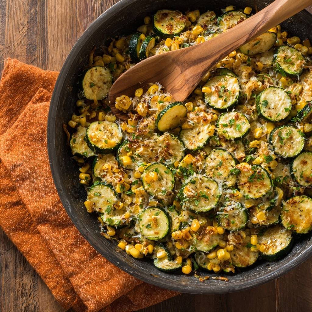 Knuspriger Blumenkohlreis mit Zucchini und Mais in einer Pfanne mit einem Holzlöffel, garniert mit Petersilie.